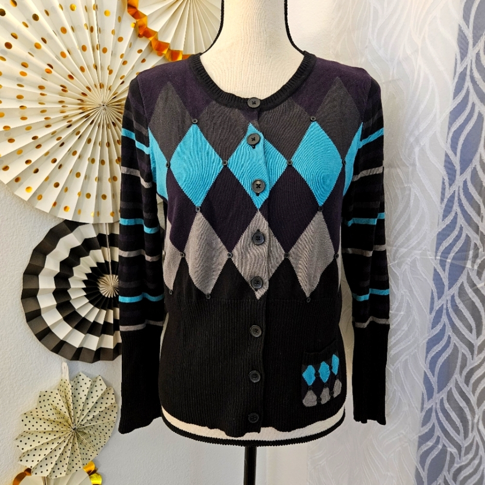 Peck & Peck | Argyle And Striped Cardigan With Bu… - image 1